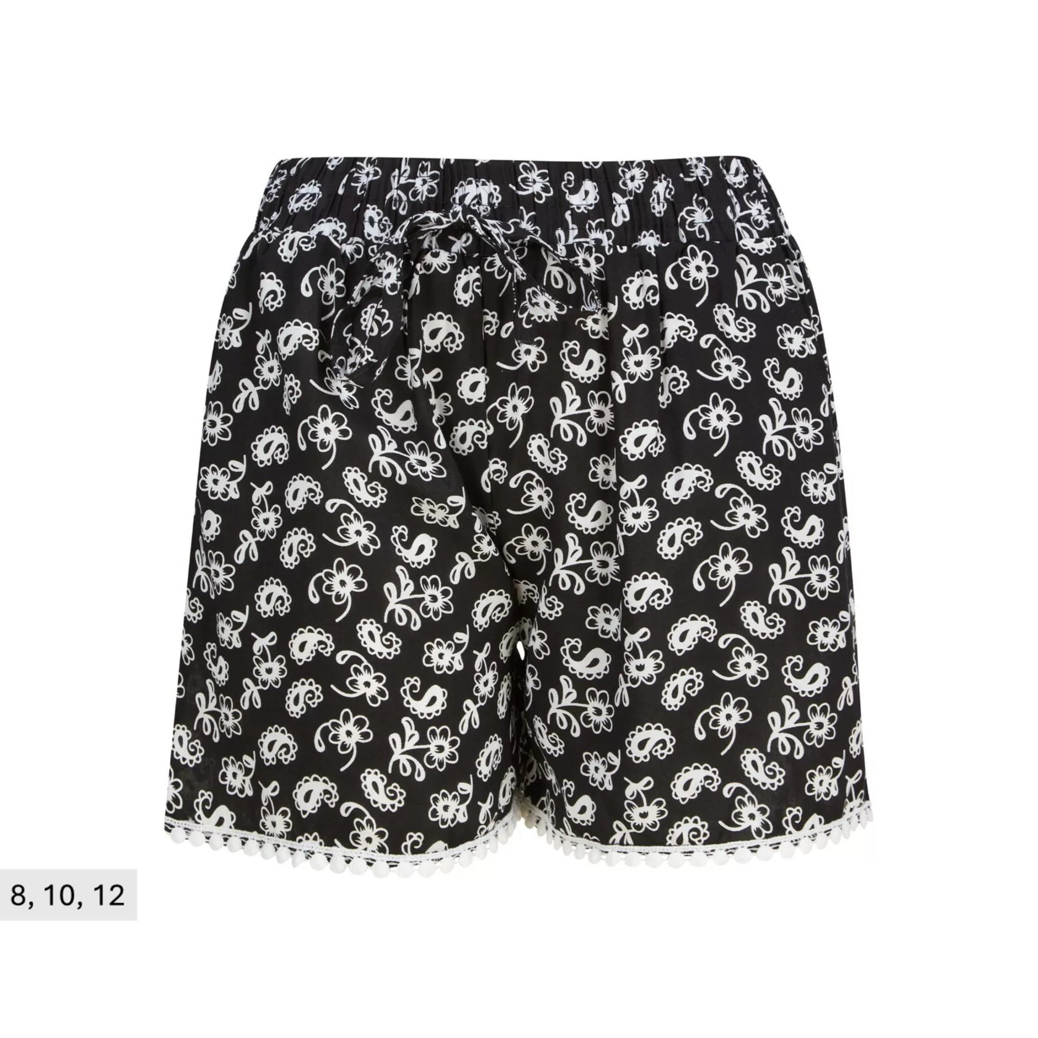 Ladies' black and white 100% cotton floral print shorts with drawstring waist and pom-pom trim – lightweight casual summer beachwear